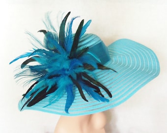 Turquoise Hat - Peacock Feathers, Kentucky Derby Hat, Garden Party Hat or Victorian Tea Party