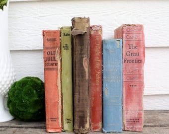 Set of 6 Vintage Books - Antique Book Decor - Photo Props -Wedding Decor- Earth Tones - Rustic Books - French Country - Old World - Travel