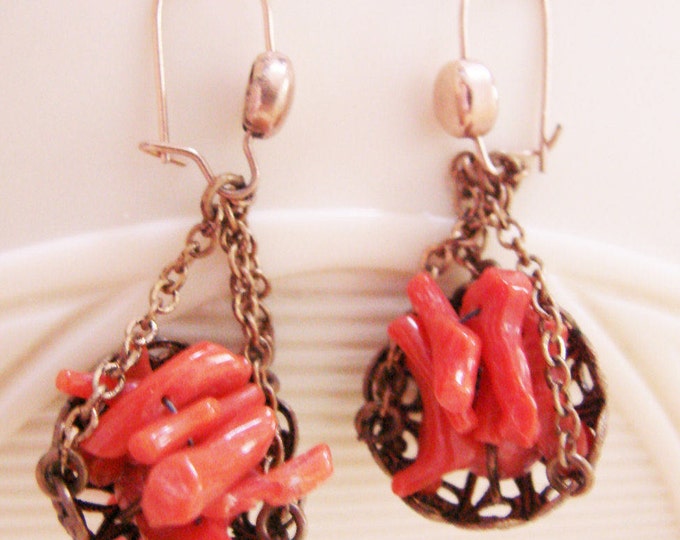 Antique Branch Coral Chandelier Drop Earrings / Filigree / Vintage Jewelry / Jewellery