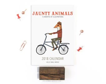 2018 Calendar - Jaunty Animals by Hello Small World, Desk Calendar, Monthly Calendar, 12 Months, Fox Bear Bicycle Raccoon Moose