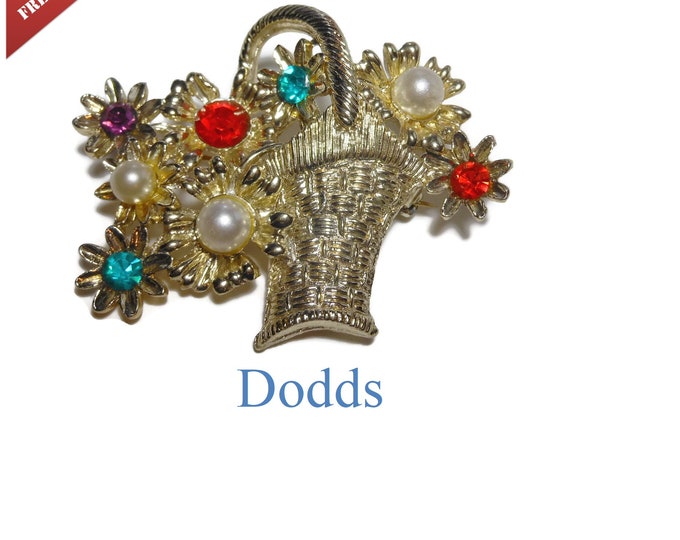 Dodds flower basket brooch pin, light gold hatched basket with handle and spray of rhinestone and faux pearl flowers, gold plated floral pin