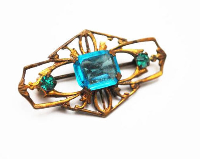 Art Deco Bar Brooch - Gold brass stamped - Aqua blue and Green Glass -Rhinestone - Vintage C clasp Pin