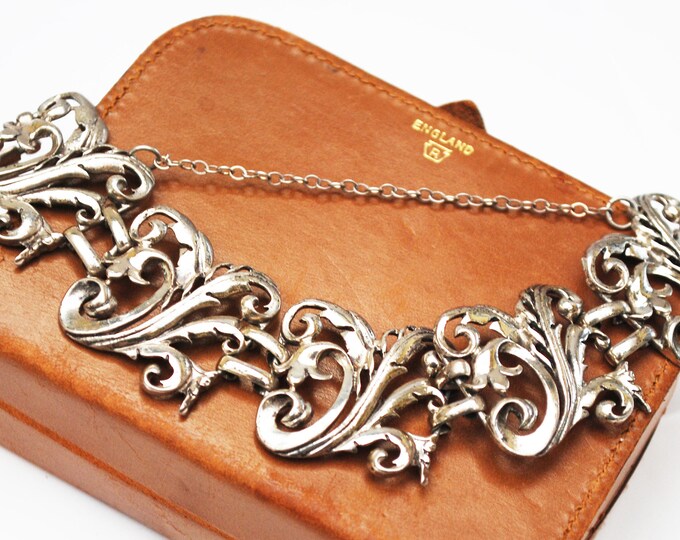 Sterling Panel link bracelet - floral flower - Open work silver - Art Nouveau style - 1 inch wide bracelet