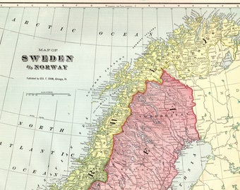 Antique SWEDEN and NORWAY Map 1901 Vintage Travel Gallery Wall Home Decor Map Collector Gift for Traveler Wedding Birthday 5987