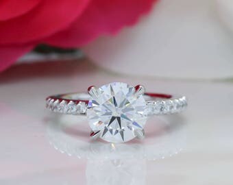 2 Carat Forever One Moissanite Engagement Ring Thin Diamond Band
