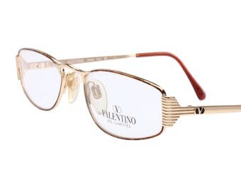 Valentino Les Lunettes V374 unisex vintage demi lune golden metal half moon reading eyeglasses with tortoise details, NOS 1980s