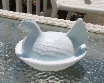 Vintage White Opaque Milk Glass Hen On A Nest Covered Dish by Indiana Glass - Beaded Edge