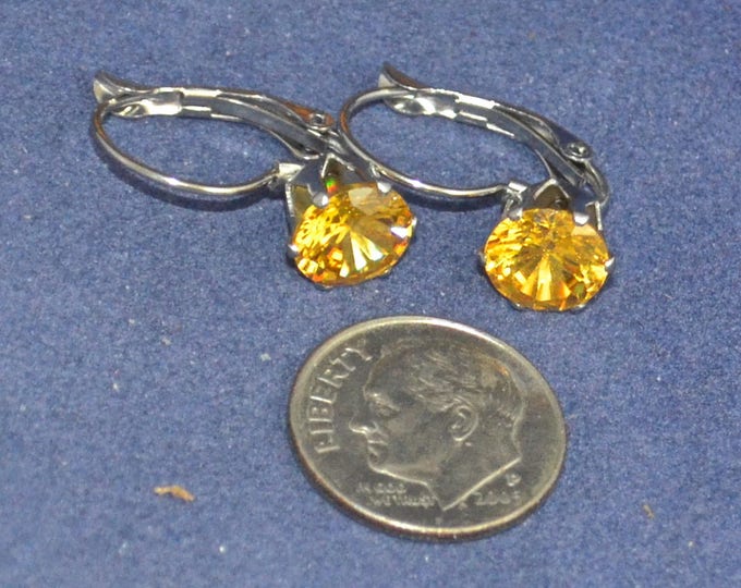 Yellow Zircon Leverback Earrings, 8mm Round, Natural, Set in Stainless Steel E1074