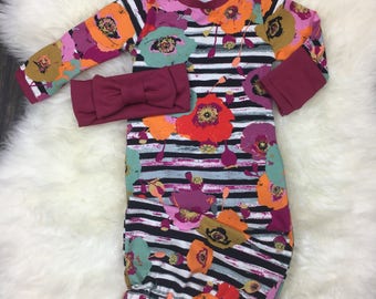 Newborn girl coming home outfit, baby girl take home outfit, newborn gown, newborn girl clothes, Gown in Poppy spice with Wine accents