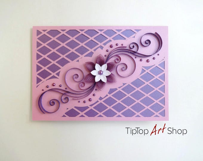 Handmade Quilling Wedding Card in Purple Shades; Luxury Wedding Invitation