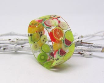 Thin wide fruit ring Wide resin ring Fruit resin ring Food wide ring Food jewelry Vegan jewelry Fruit resin band Mix fruits in resin jewelry