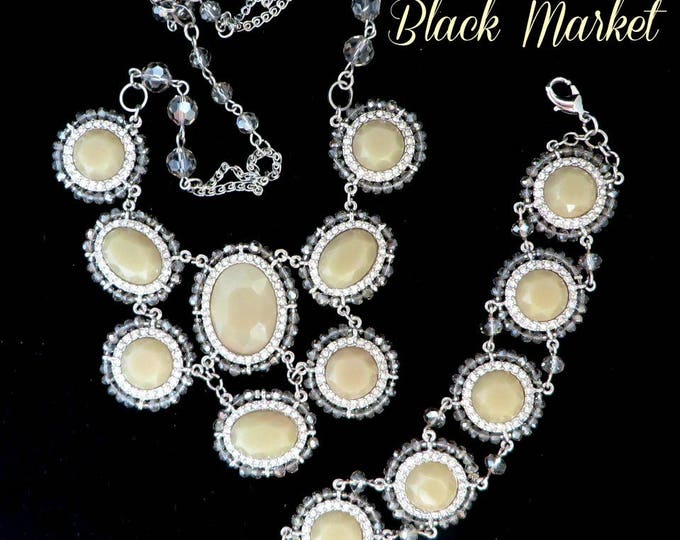 Cream Bead Necklace Set - White House Black Market Necklace, Bracelet, Glass & Rhinestone Demi Parure