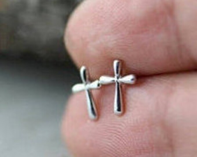 Tiny Silver Cast Stud Cross Earrings Small Modern Design Womens Girls Christian Jewelry - Saint Michaels Jewelry