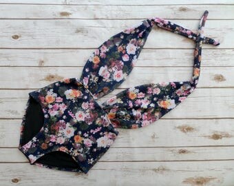 One Piece Swimsuit High Waisted Vintage Style Retro Pin-up Bathing Suit Navy Floral Print Bohemian Swimwear Maillot - Unique Pretty & Cute!