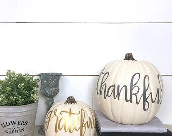 Hand Painted Decorative Pumpkin, Hand Lettered Thankful Pumpkin, White Pumpkin Decoration, Thanksgiving Decor, Gold Decor