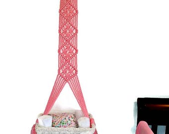 Nursery organization White wicker basket Pink macrame nursery basket Modern macrame Nursery wall storage Macrame wall hanger Diaper caddy