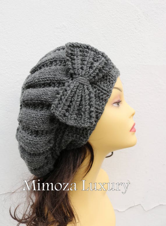 Dark Gray Woman Hand Knitted Hat with Bow, Grey Beret hat with bow, gray knit hat, slouchy knit women's hat with bow, winter hat, grey women