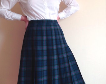 Plaid Pendleton Skirt, Pleated Skirt, Baird Tartan, Blue Geen Plaid, School Girl, Pendleton Petite Women's size Medium, High Waist, Preppy