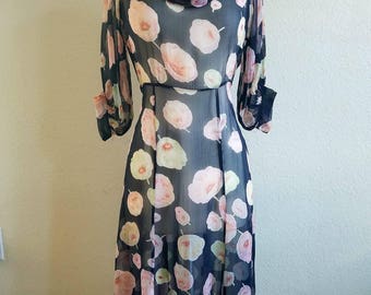 Sheer Black Floral Poppies Chiffon 1930s Dress