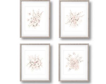Flower Nursery Art, Set of 4 Prints, Floral Art Prints, Baby Girl, Blush Pink, Butterfly Prints, Butterflies, Pencil Drawing, Nursery Decor