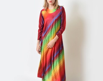 1970s Rainbow Striped Maxi Dress 70s Vintage Boho Hippie XS S M