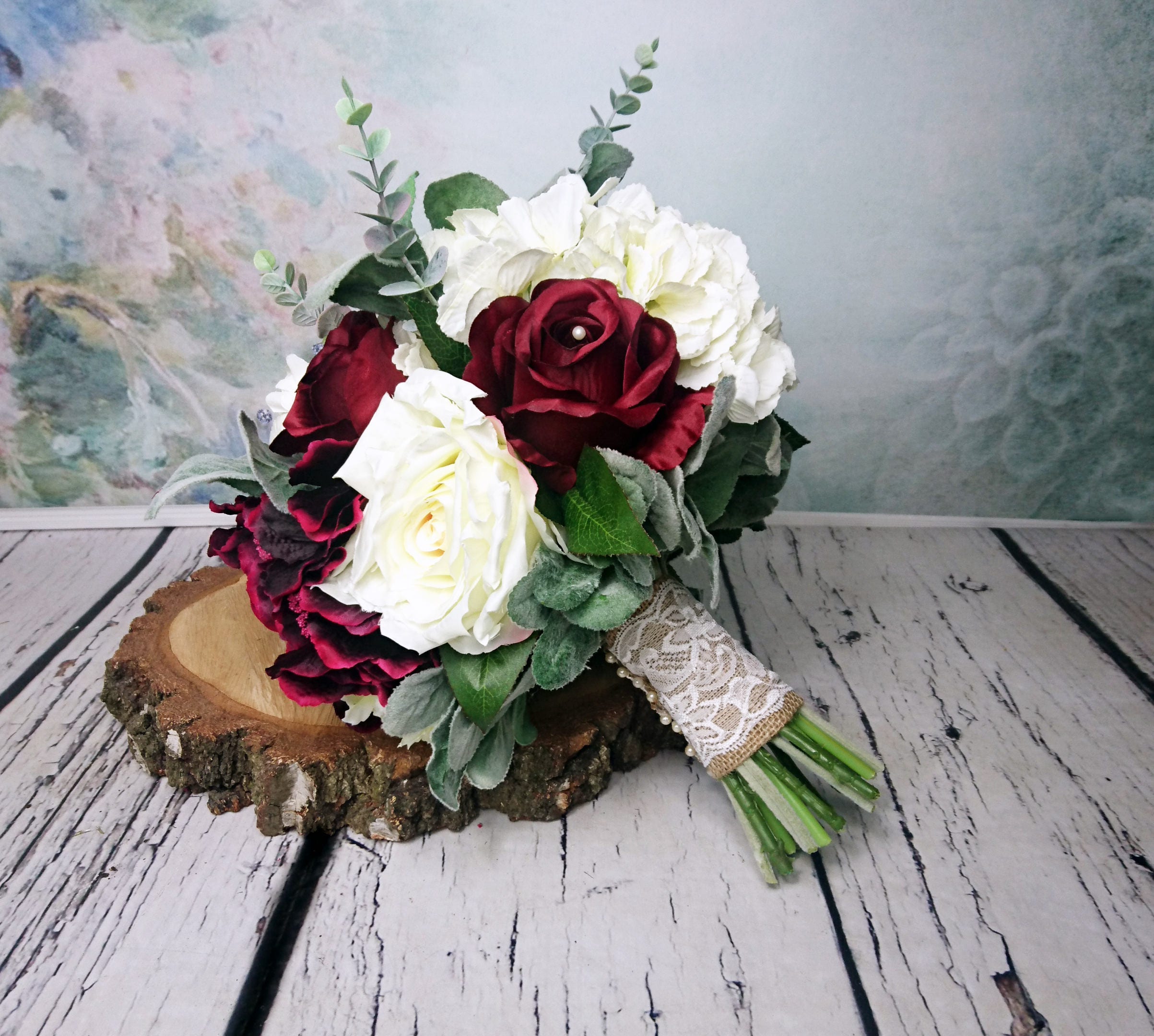 Large Wedding Bouquet Realistic Silk Flowers Burgundy Ivory