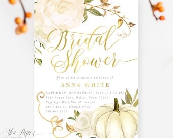 Fall Bridal Shower Invitation: Autumn Bridal Shower Invite, White Pumpkin, Gold & White Roses, Printed or Printable - Fall 2