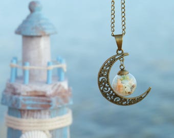 Glow in the dark jewelry, glowing moon necklace, glowing pendant, glow necklace, real seashells necklace, real sand necklace, glow pendant.