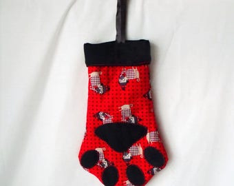 dog christmas stocking, small pet gift holder, paw shaped gift bag, small treat holder, red pug dog fabric