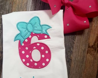 Birthday Shirt - Number - Age with Bow - Name - Age 1 - 8 available - you choose color