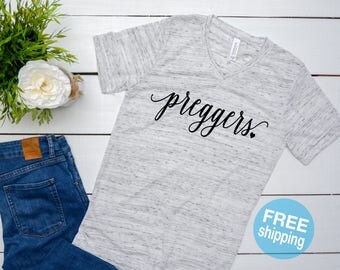Preggers Shirt - Preggers Fitted V Neck Shirt, Heather Gray, Pregnancy announcement ,Prego Shirt, Pregnant Mom To Be, Mom to be Shirt,
