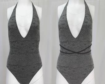 grey halter swimsuit / snakeskin one piece swimsuit low back / S