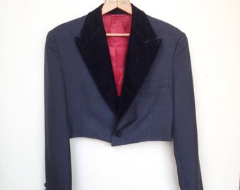 1930s or 40s Mens Cropped Bolero length Tuxedo Jacket - Black Wool Gabardine with Red Satin lining and Velvet lapels