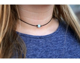AMAZONITE BEAD CHOKER: Single Bead Choker, Blue Bead Choker, Dainty Bead Choker, Delicate Bead Choker, Black Cord Choker Necklace, Chokers