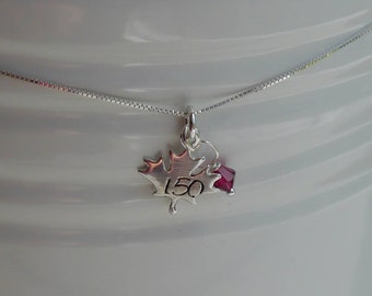 Maple leaf necklace - Canada 150 - hand-stamped sterling silver pendant - Swarovski crystal
