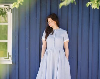 Linen Dress for Women, Shirt Dress, Summer Dress, Maxi Dress, Womens Linen Clothing, Casual Dress, Light Blue Linen Dress, Flare Dress