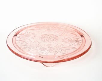1930s Pink Depression Glass Cake Plate Jeannette Daisy Sunflower Footed