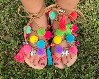 Girls Pom Pom Gladiator Sandals Bright Colorful summer sandals