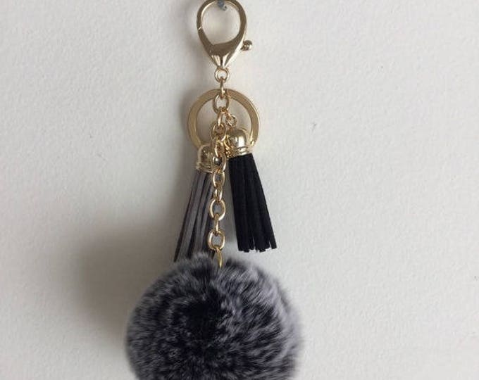 Pom-Perfect Black frosted REX Rabbit fur pom pom ball with black and gray tassel keychain