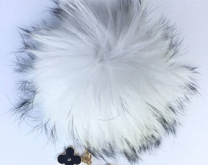 Snow white with natural markings Raccoon Fur Pom Pom luxury bag pendant + black flower clover charm keychain