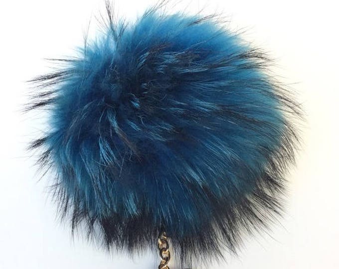 New! Winter Brights peacock Blue Pom-pom bag charm, fur pom Pom keychain keyring fur ball plush