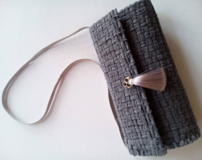 Gray is the new black handwoven plastic canvas clutch gray chic elegant handbag beautiful long tassel magnetic closure handsewn beads gift