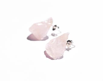 Raw rose quartz stud earrings on silver tone posts, irregular shape, raw crystal earrings, raw crystal studs | Gift wrapped