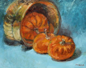 Brass Bowl with Pumpkins, still life, orange, blue, original, oil, painting, 12 x 16
