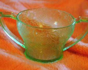 Green Etched (Rose Pattern) Sugar Bowl Depression Glass