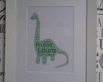 Framed Diplodocus dinosaur collage, word art, freestanding or wall mounted, birthday gift, personalised home decor, wall art, typographic