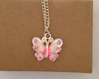 Pink Butterfly Pendant, Silver Plated Chain, Handmade Fashion Jewellery, Pretty Delicate Chains, Jewelry For Her, Birthday Gift For Female