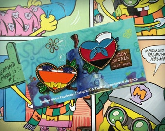 Mermaid Man & Barnacle Boy Heart Shaped Enamel Pins Set