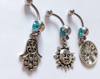 Silvery Fatima hand belly button ring,sun belly button rings, Navel Piercing ,Dangle Belly Ring, Tree of Life belly button ring