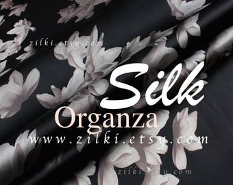 Orchid floral Black organza silk fabric by the YARD